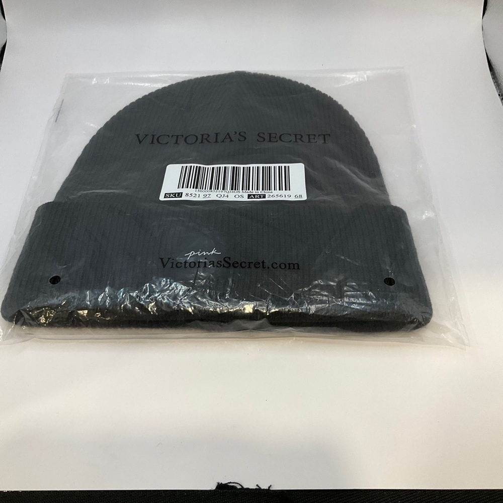 Victoria Secret Pink Black Ribbed Beanie New In Package - Picture 4 of 5